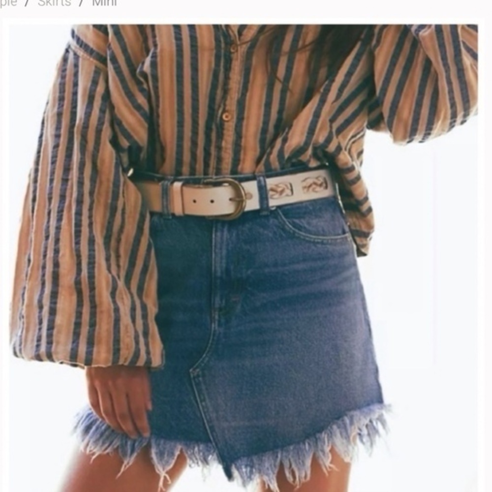 Free People We the Free Bailey indigo denim mini skirt with raw fringe hem 27